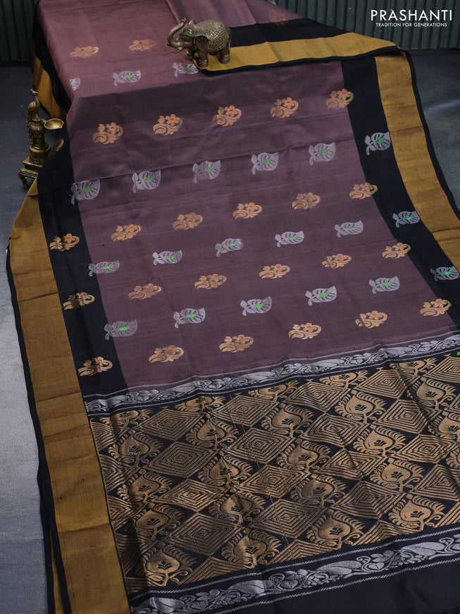 Pure uppada silk saree rosy brown and black with silver & gold zari woven buttas and zari woven border