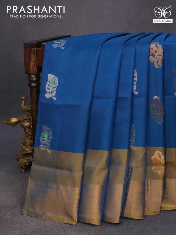 Pure uppada silk saree peacock blue and yellow with silver & gold zari woven buttas and zari woven border