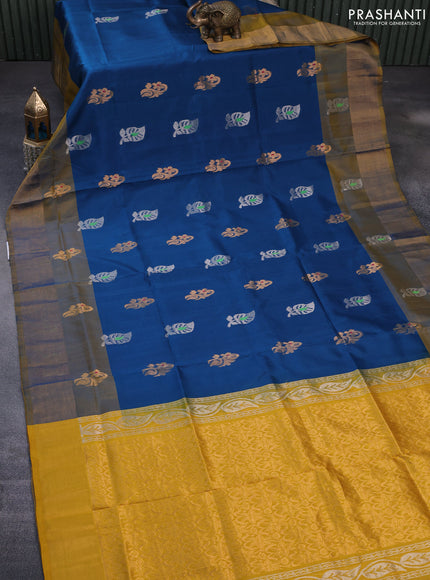 Pure uppada silk saree peacock blue and yellow with silver & gold zari woven buttas and zari woven border