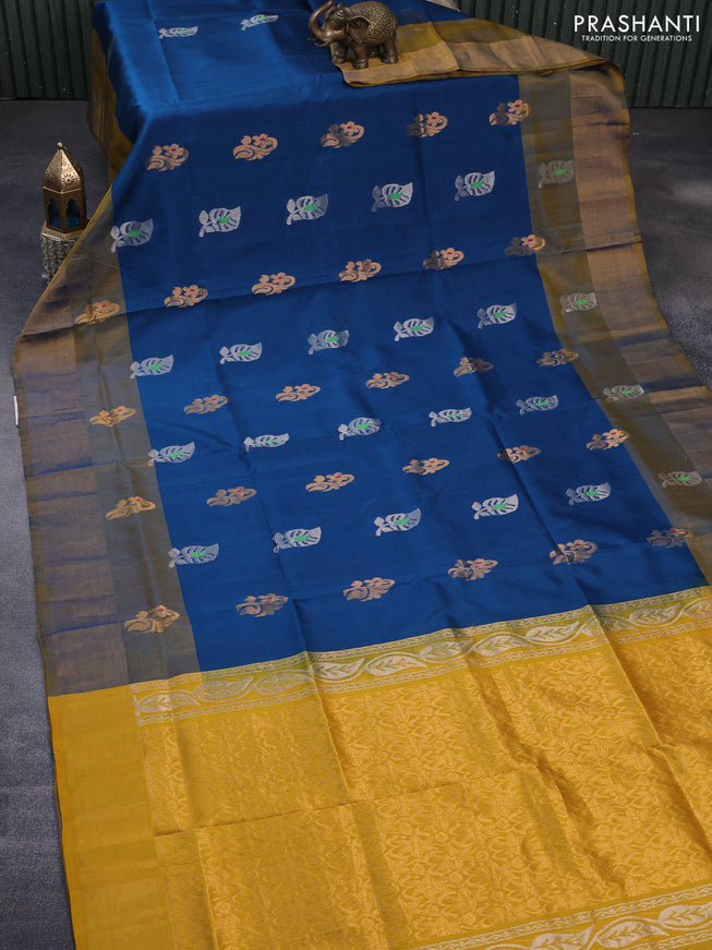 Pure uppada silk saree peacock blue and yellow with silver & gold zari woven buttas and zari woven border