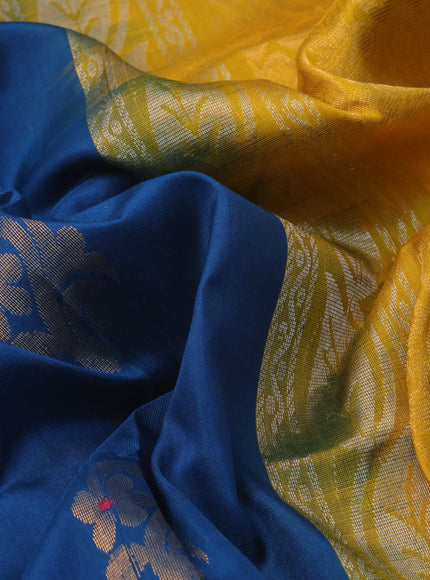 Pure uppada silk saree peacock blue and yellow with silver & gold zari woven buttas and zari woven border