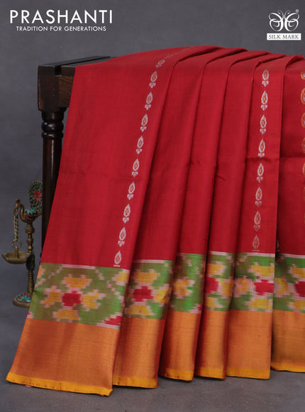 Pure uppada silk saree maroon and mustard yellow with silver & gold zari woven buttas and zari woven ikat style border