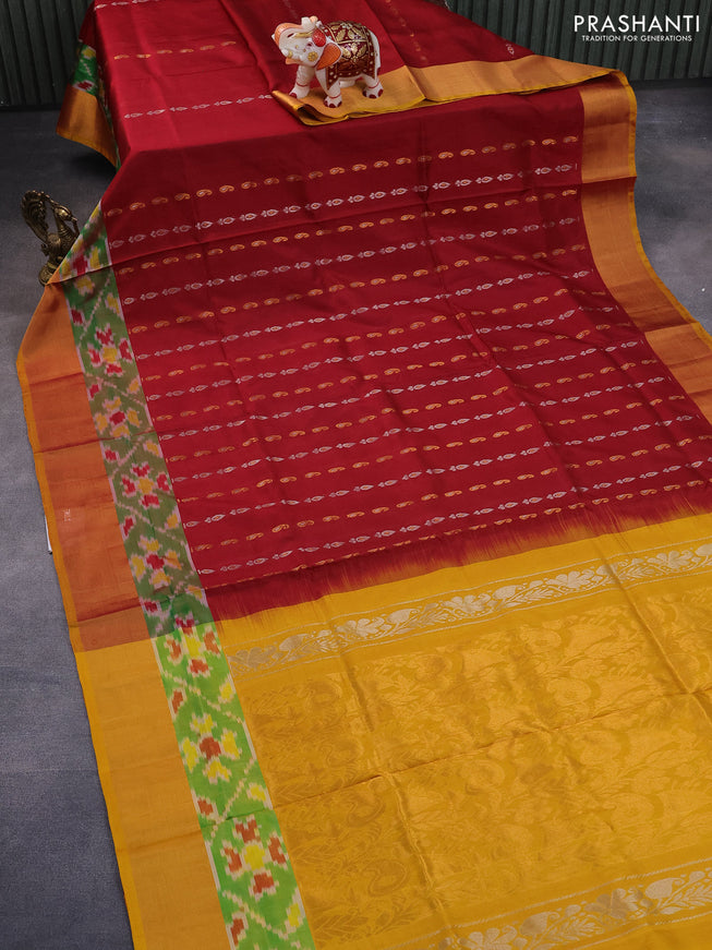 Pure uppada silk saree maroon and mustard yellow with silver & gold zari woven buttas and zari woven ikat style border