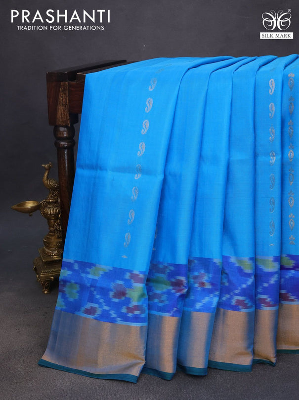 Pure uppada silk saree light blue and green with silver & gold zari woven buttas and zari woven ikat style border