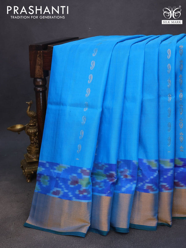 Pure uppada silk saree light blue and green with silver & gold zari woven buttas and zari woven ikat style border