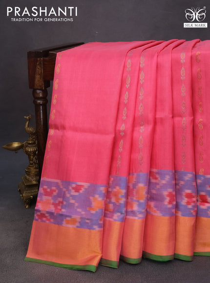 Pure uppada silk saree peach pink and parrot green with silver & gold zari woven buttas and zari woven ikat style border