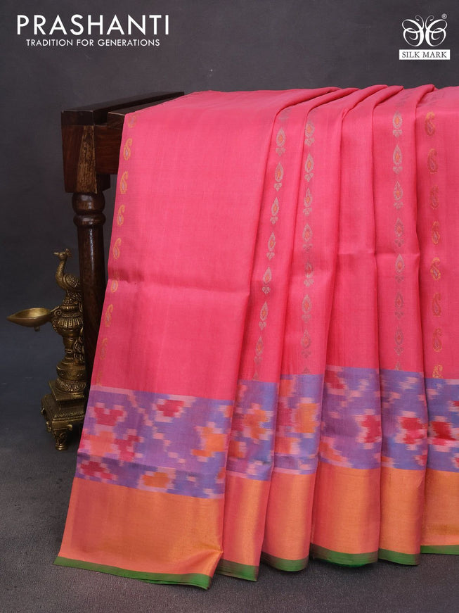 Pure uppada silk saree peach pink and parrot green with silver & gold zari woven buttas and zari woven ikat style border