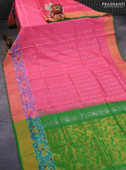 Pure uppada silk saree peach pink and parrot green with silver & gold zari woven buttas and zari woven ikat style border