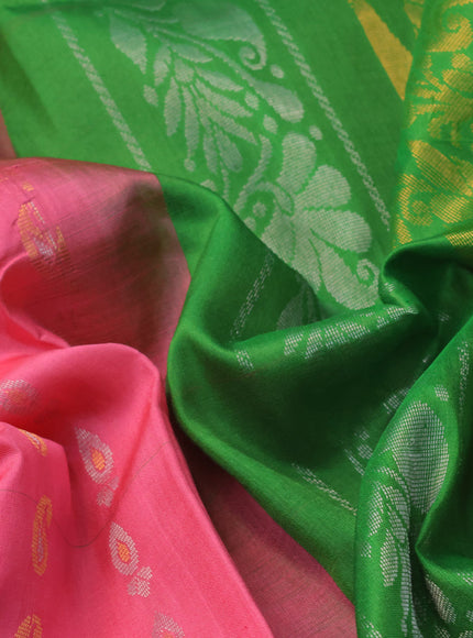 Pure uppada silk saree peach pink and parrot green with silver & gold zari woven buttas and zari woven ikat style border