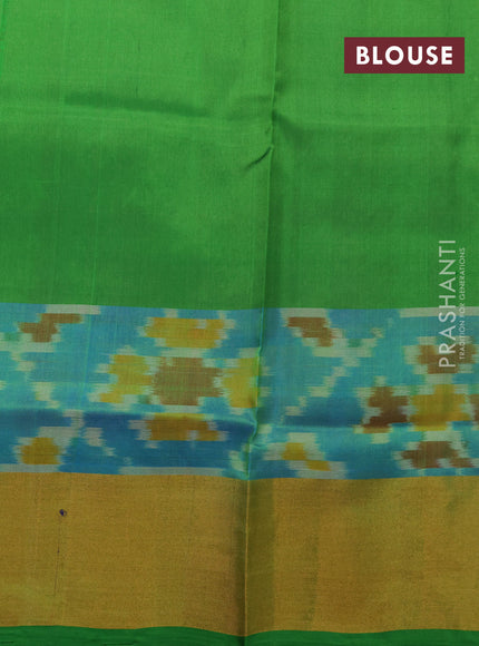 Pure uppada silk saree peach pink and parrot green with silver & gold zari woven buttas and zari woven ikat style border