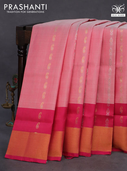 Pure uppada silk saree peach pink shade and pink with silver & gold zari woven buttas and zari woven border