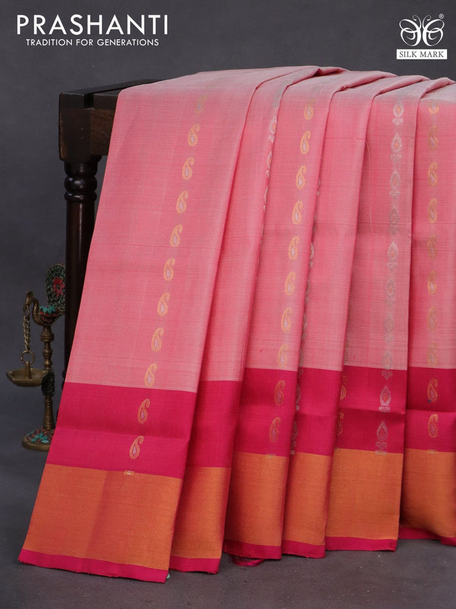 Pure uppada silk saree peach pink shade and pink with silver & gold zari woven buttas and zari woven border