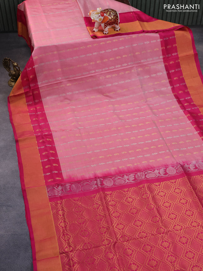 Pure uppada silk saree peach pink shade and pink with silver & gold zari woven buttas and zari woven border