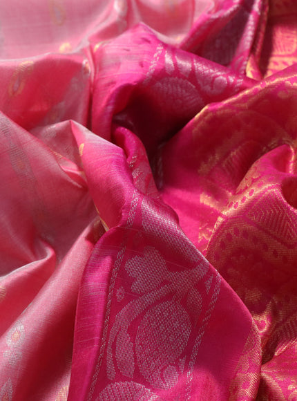 Pure uppada silk saree peach pink shade and pink with silver & gold zari woven buttas and zari woven border