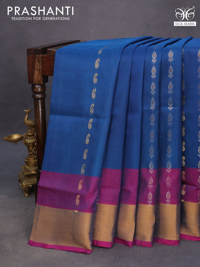 Pure uppada silk saree peacock blue and pink with silver & gold zari woven buttas and zari woven border