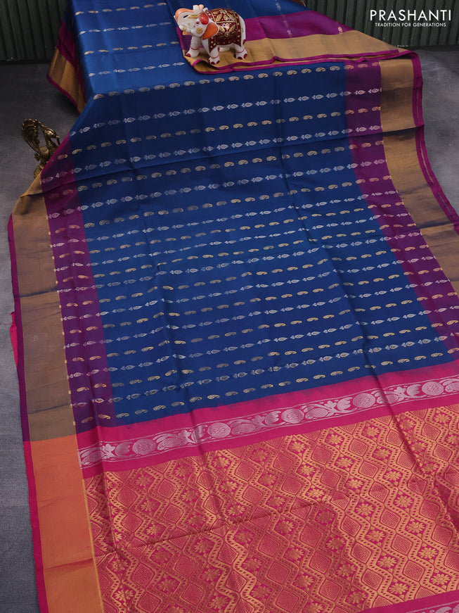 Pure uppada silk saree peacock blue and pink with silver & gold zari woven buttas and zari woven border