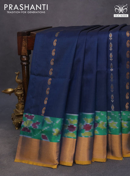 Pure uppada silk saree dark peacock blue and yellow with silver & gold zari woven buttas and zari woven ikat style border