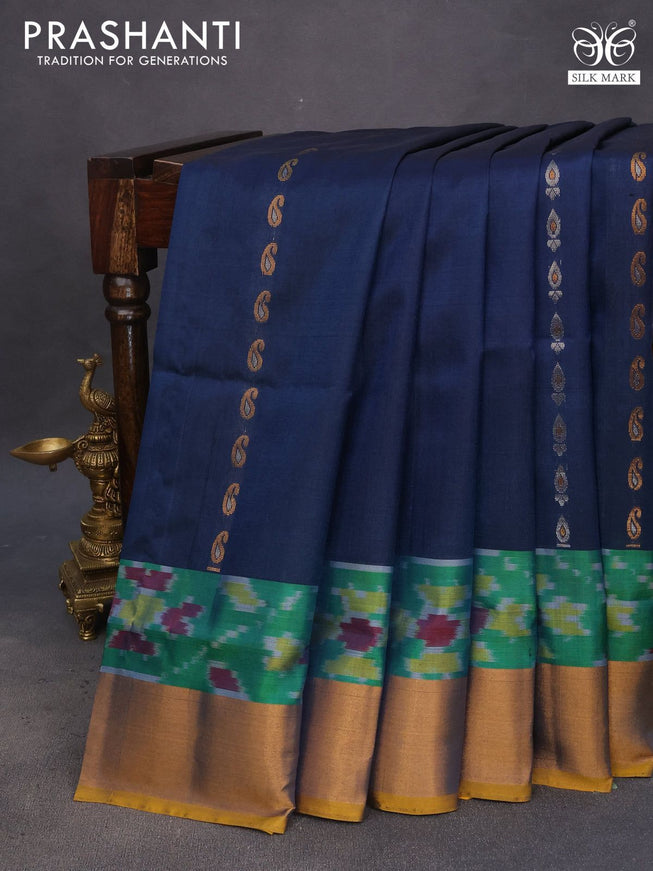 Pure uppada silk saree dark peacock blue and yellow with silver & gold zari woven buttas and zari woven ikat style border