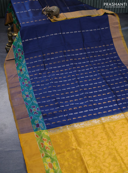 Pure uppada silk saree dark peacock blue and yellow with silver & gold zari woven buttas and zari woven ikat style border