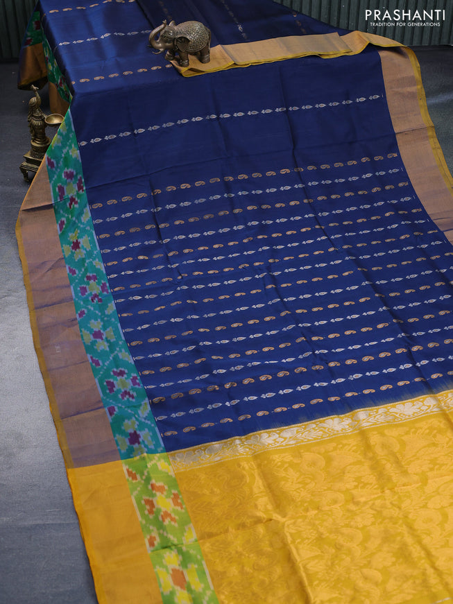 Pure uppada silk saree dark peacock blue and yellow with silver & gold zari woven buttas and zari woven ikat style border