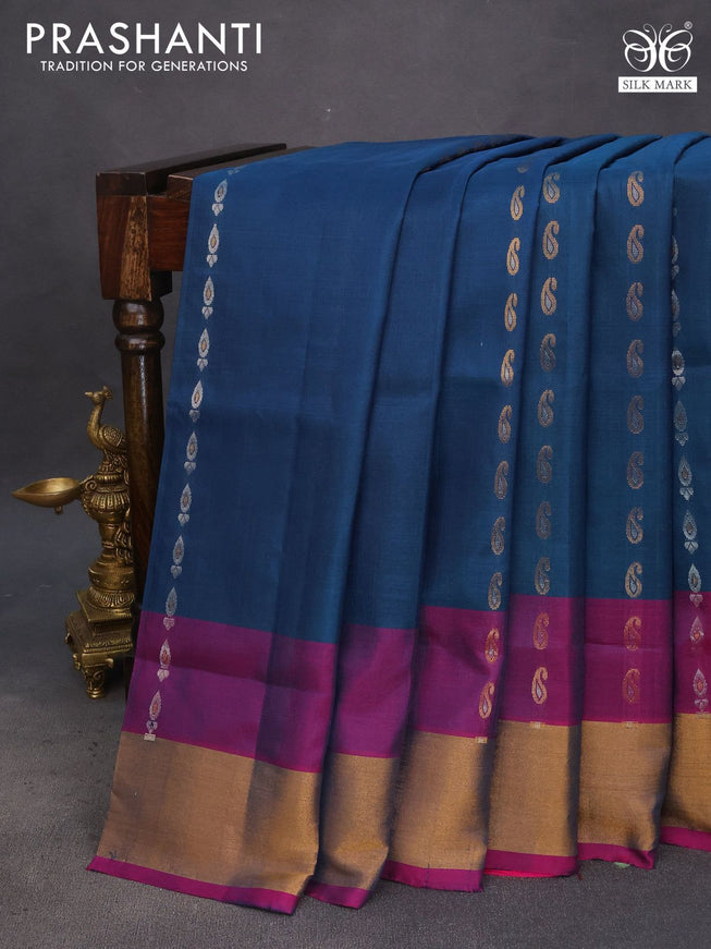 Pure uppada silk saree peacock blue and pink with silver & gold zari woven buttas and zari woven border