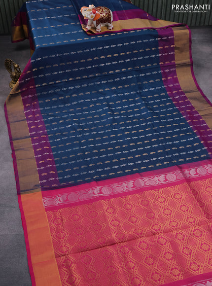 Pure uppada silk saree peacock blue and pink with silver & gold zari woven buttas and zari woven border