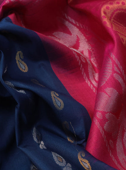 Pure uppada silk saree peacock blue and pink with silver & gold zari woven buttas and zari woven border