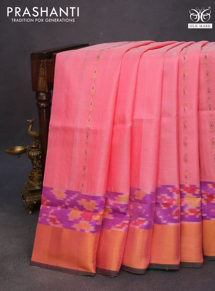 Pure uppada silk saree peach pink and dark green with silver & gold zari woven buttas and zari woven ikat style border