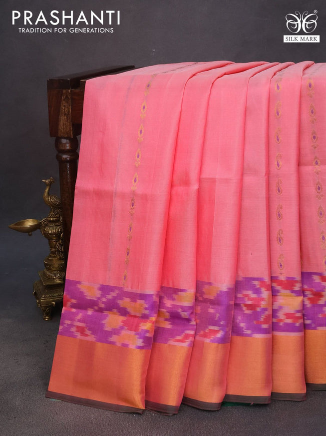 Pure uppada silk saree peach pink and dark green with silver & gold zari woven buttas and zari woven ikat style border