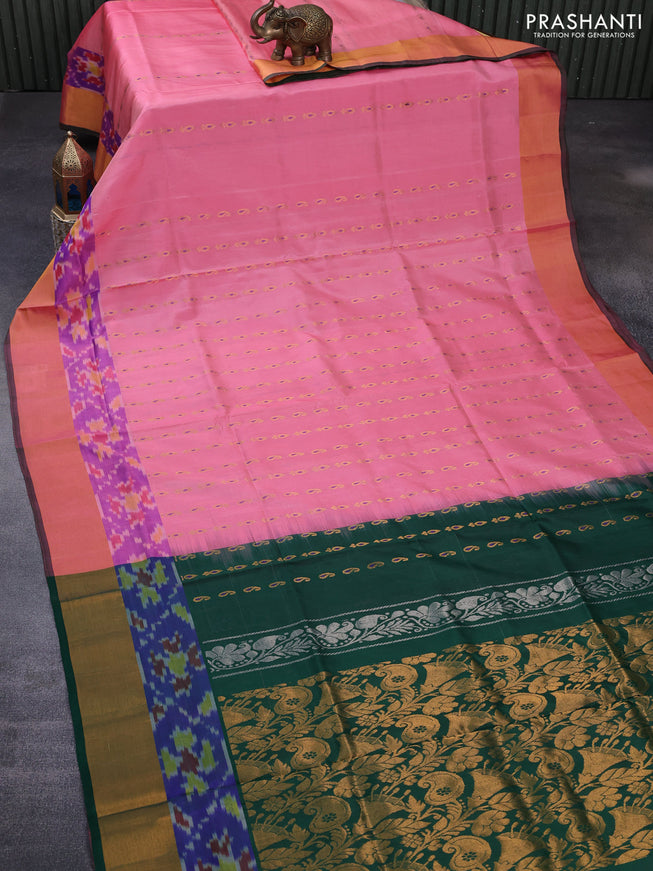 Pure uppada silk saree peach pink and dark green with silver & gold zari woven buttas and zari woven ikat style border