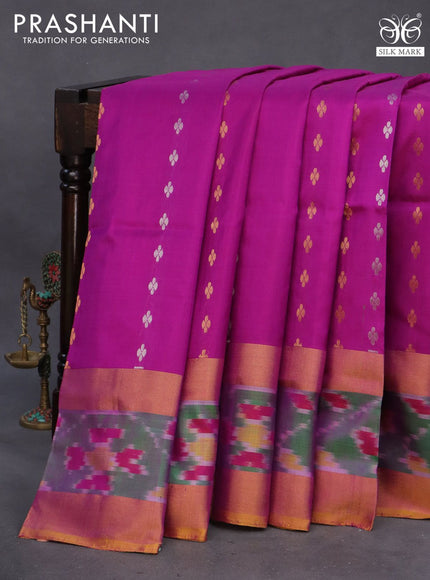 Pure uppada silk saree purple and mustard yellow with silver & gold zari woven buttas and zari woven ikat style border