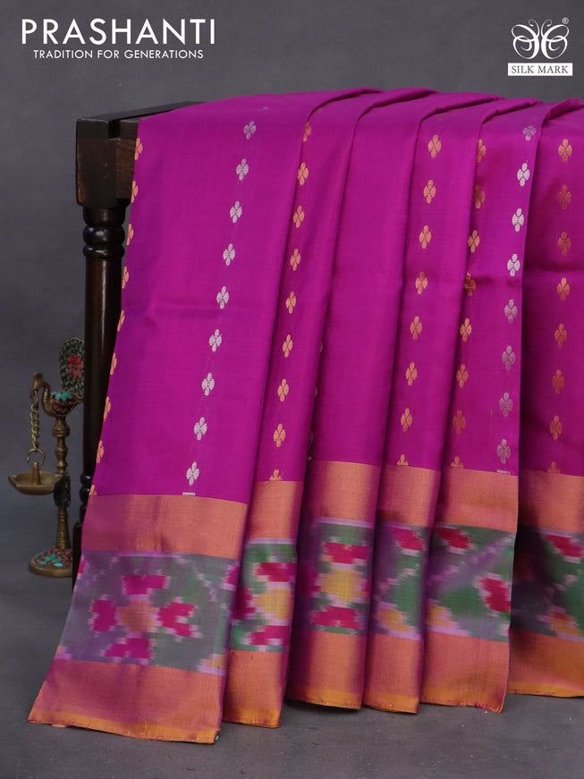 Pure uppada silk saree purple and mustard yellow with silver & gold zari woven buttas and zari woven ikat style border