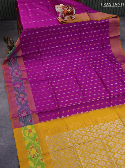 Pure uppada silk saree purple and mustard yellow with silver & gold zari woven buttas and zari woven ikat style border