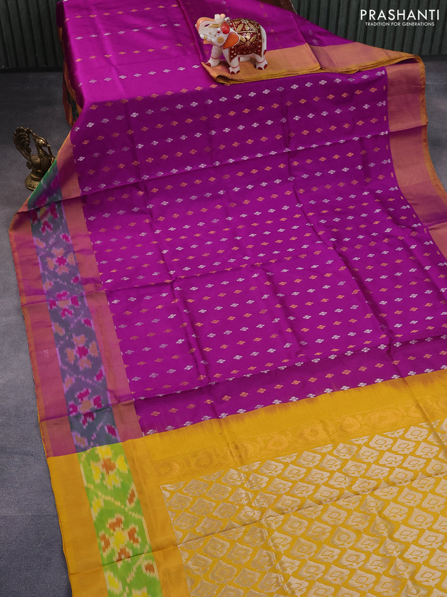 Pure uppada silk saree purple and mustard yellow with silver & gold zari woven buttas and zari woven ikat style border