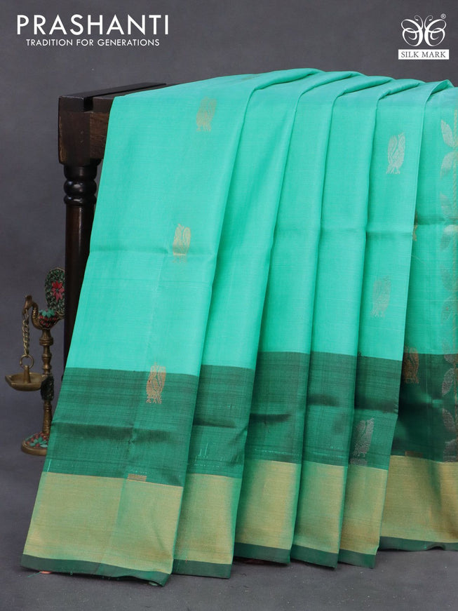 Pure uppada silk saree teal green shade and coffee brown with silver & gold zari weaves and zari woven border