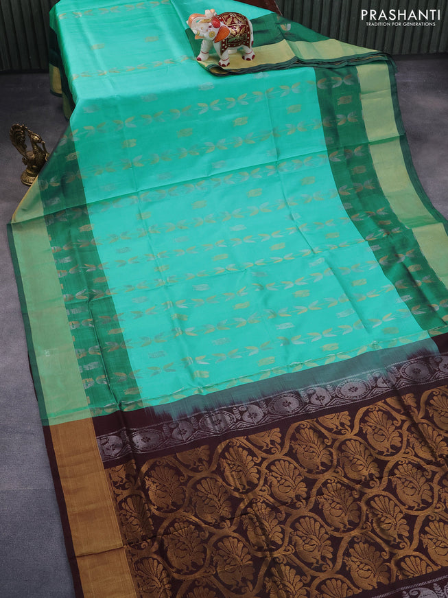 Pure uppada silk saree teal green shade and coffee brown with silver & gold zari weaves and zari woven border