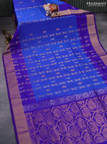 Pure uppada silk saree dual shade of blue and blue with silver & gold zari weaves and zari woven border