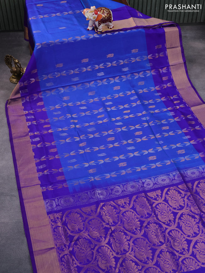 Pure uppada silk saree dual shade of blue and blue with silver & gold zari weaves and zari woven border