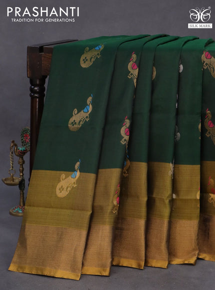 Pure uppada silk saree bottle green and dark mustard with silver & gold zari woven buttas and zari woven border