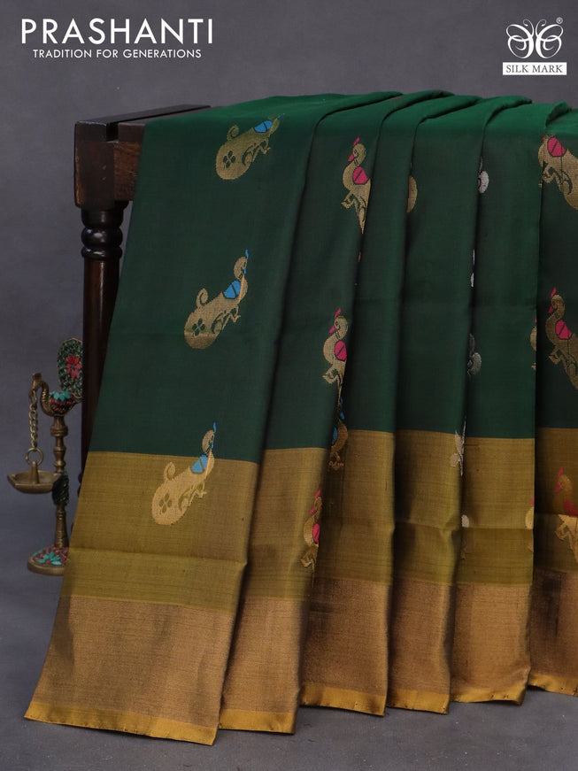 Pure uppada silk saree bottle green and dark mustard with silver & gold zari woven buttas and zari woven border