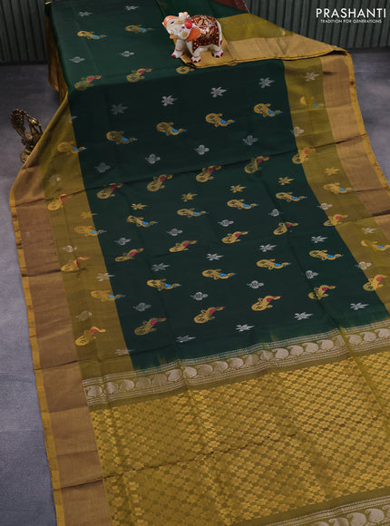 Pure uppada silk saree bottle green and dark mustard with silver & gold zari woven buttas and zari woven border