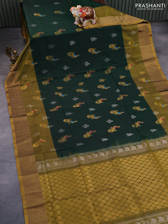 Pure uppada silk saree bottle green and dark mustard with silver & gold zari woven buttas and zari woven border