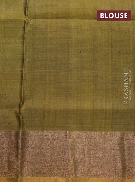 Pure uppada silk saree bottle green and dark mustard with silver & gold zari woven buttas and zari woven border