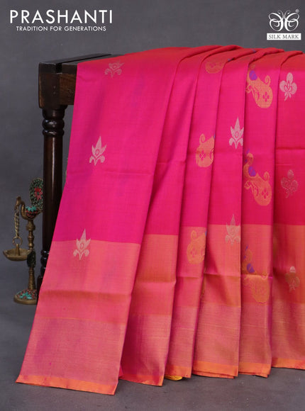 Pure uppada silk saree pink and dual shade of yellow with silver & gold zari woven buttas and zari woven border