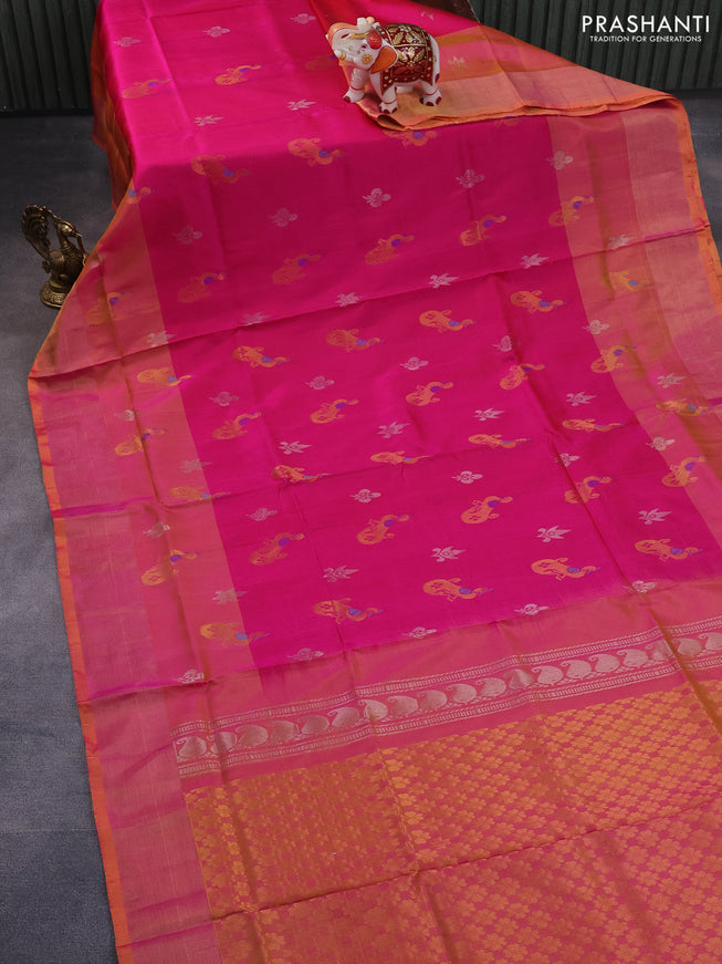 Pure uppada silk saree pink and dual shade of yellow with silver & gold zari woven buttas and zari woven border