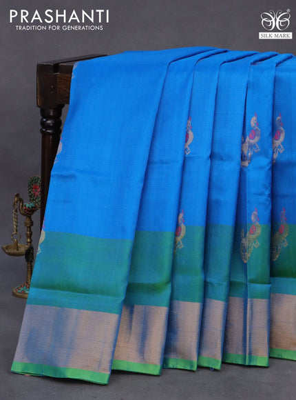 Pure uppada silk saree cs blue and parrot green with silver & gold zari woven buttas and zari woven border