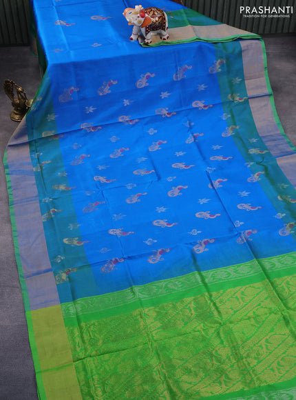 Pure uppada silk saree cs blue and parrot green with silver & gold zari woven buttas and zari woven border