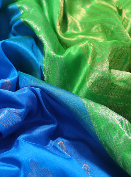 Pure uppada silk saree cs blue and parrot green with silver & gold zari woven buttas and zari woven border