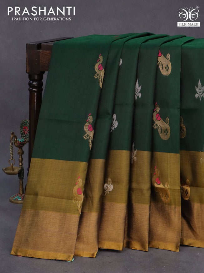 Pure uppada silk saree bottle green and dark mustard with silver & gold zari woven buttas and zari woven border