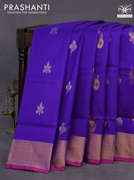 Pure uppada silk saree blue and pink with silver & gold zari woven buttas and zari woven border